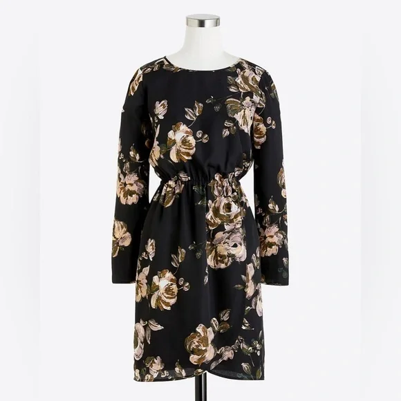 J. Crew Black Floral Long Sleeve Dress