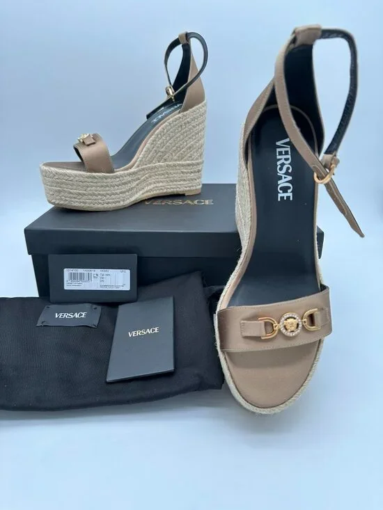 Versace Medusa Espadrilles Satin Wedge Platform Sandals, Size 9.5, Gold Satin