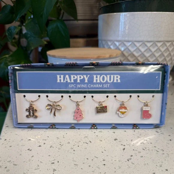 Happy Hour 6pc Christmas‎ Wine Charm Set Gold & Pink Tone Drink Markers NEW