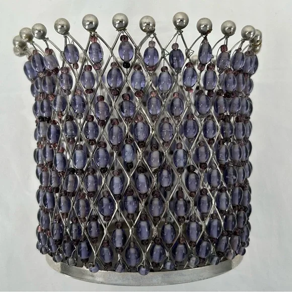 Wine Caddy Water Caddy Candle Holder purple‎ and silver Beads 4.5” x 5”