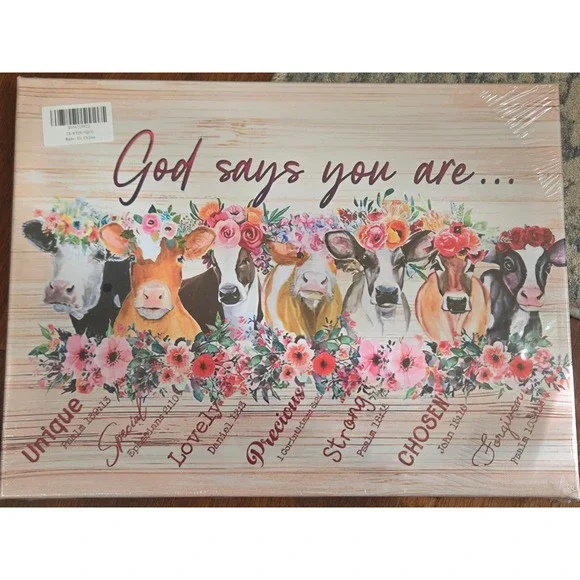 God Says You Are Cow Floral Canvas Wall Art 12 x 18