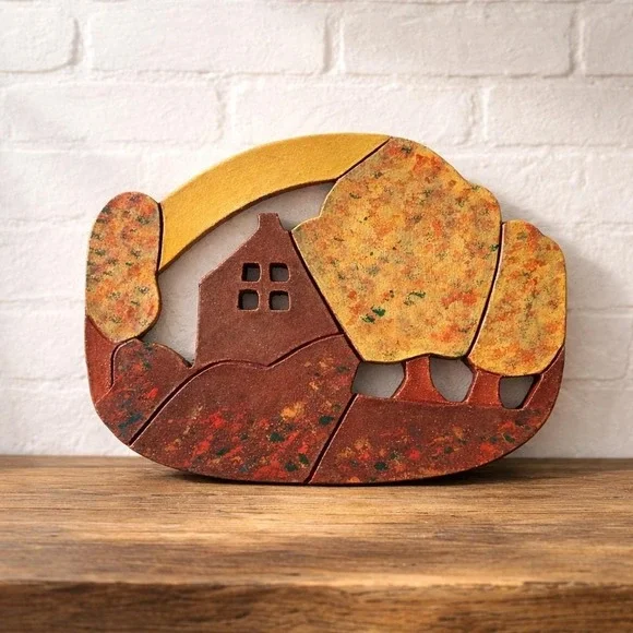 Vintage 1996 Signed‎ Terracotta Folk Art Wall Plaque Studio Pottery Landscape