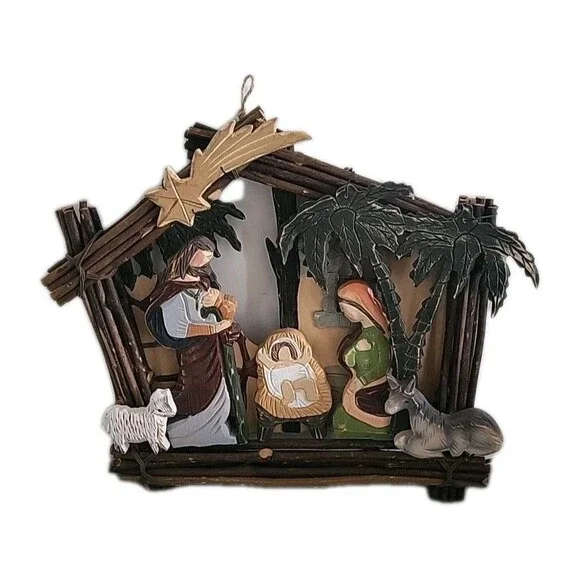 Wood Carved Christmas Nativity Hanging Hand Painted Jesus Mary Joseph Rustic 16