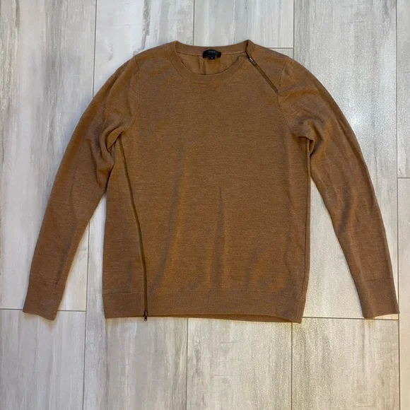 J. Crew Camel Brown Merino Wool Zipper Long Sleeve Crew Neck Sweater, small