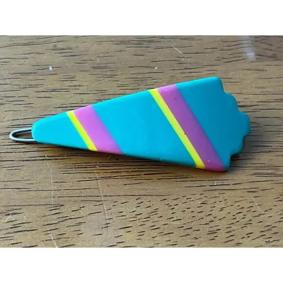 VTG 80s 90s Neon Stripe Plastic Hair Barrette French Clip Teal Pink Retro