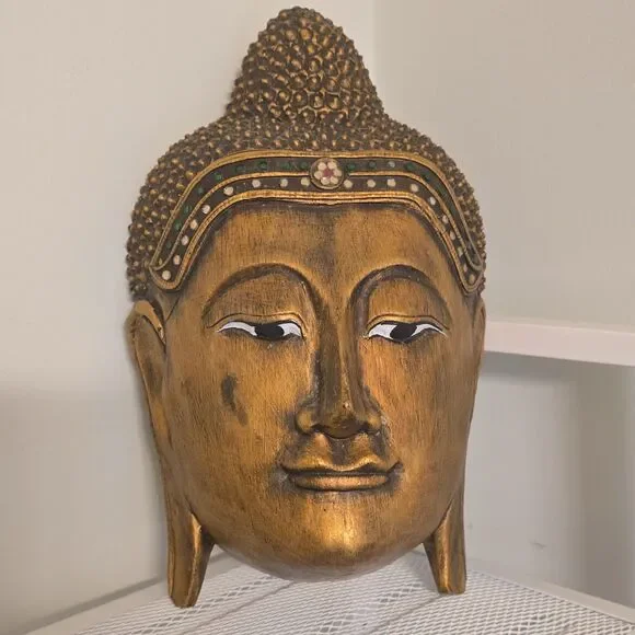 Wooden Buddha Head Bust Sculpture Gold Brown Matte Finish  Asian Wall Decor
