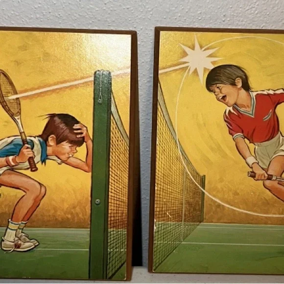 Vintage‎ Pete Hawley Tennis Wall Art Set of 2 Art Wood Rare Midcentury