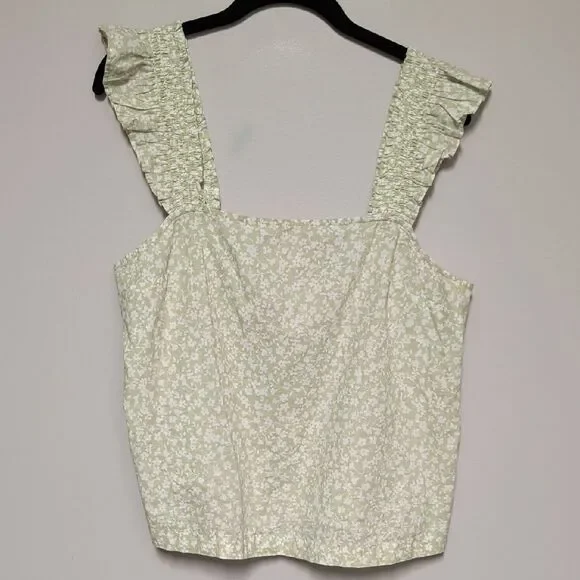 J. Crew Light Green Floral Tank Top with Ruffle Straps