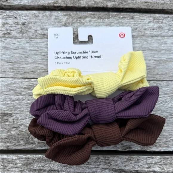 Lululemon Uplifting‎ Bow Scrunchie 3 Pack Washed Yellow Java Grape Thistle NWT