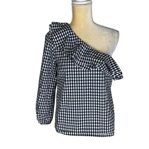 J.Crew Navy Gingham One Shoulder Top Blouse‎ Ruffle Size 6