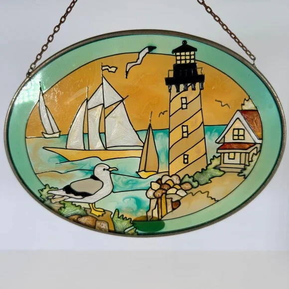 Handpainted Stained Glass‎ Oval Sun Catcher Lighthouse Sailboats Seagull Coastal