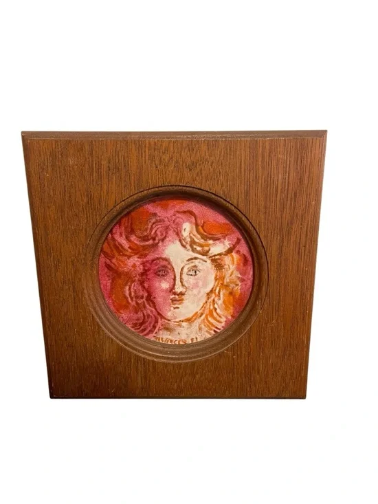 Vintage Enamel on Copper Miniature Portrait Wood Frame Mid Century Modern Art