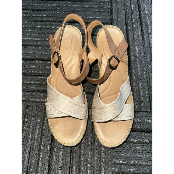 WOMENS BORN F64002 PAYETTE Wedge Sandals Size 10Natural Leather Espadrille w2116