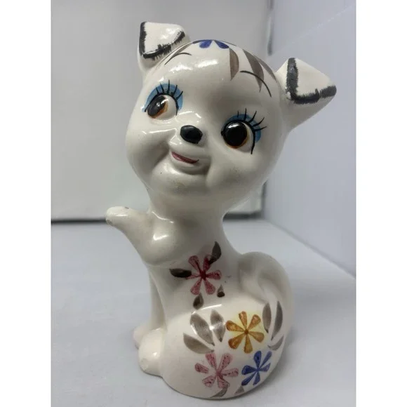 Vintage Colorful Japanese Big Eye Ceramic Hand Painted Cat Kitschy Coin Bank