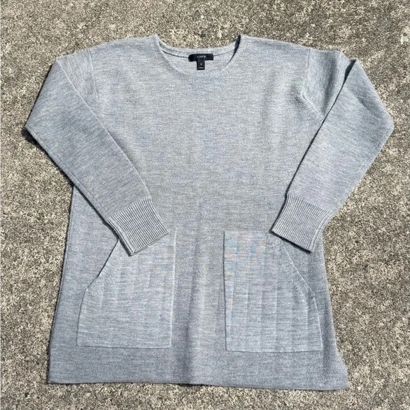 J.Crew 100% Merino Wool Tunic Sweater Gray XS Pocket Pullover