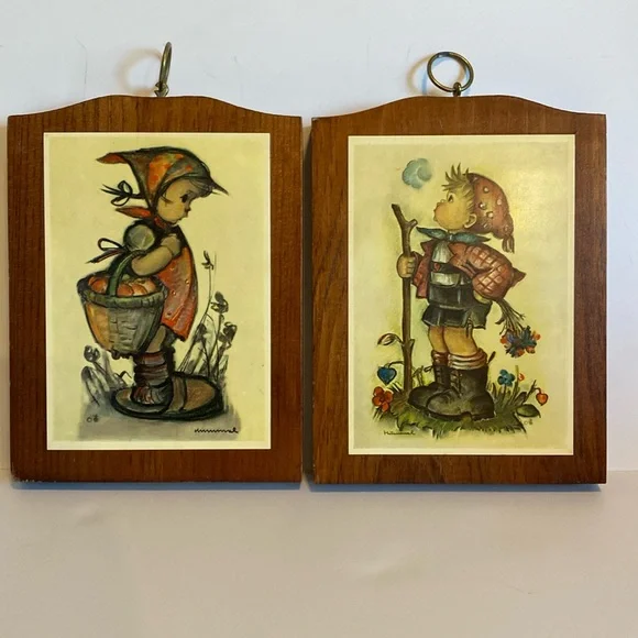 2 Vintage Hummel Wood Plaque Art Print Wall Art Boy & Girl