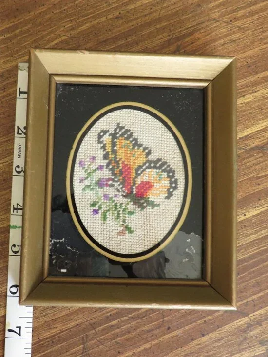 Vintage Butterfly Cross‑Stitch Art in Gold Frame –  Wall Decor, Handmade