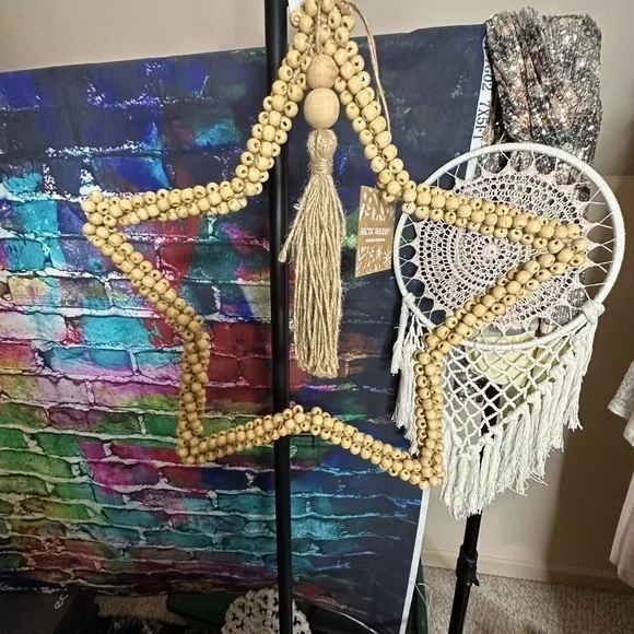 NWT BOHO Jute Cord and Beaded Star Home Decor Hanging Artwork.