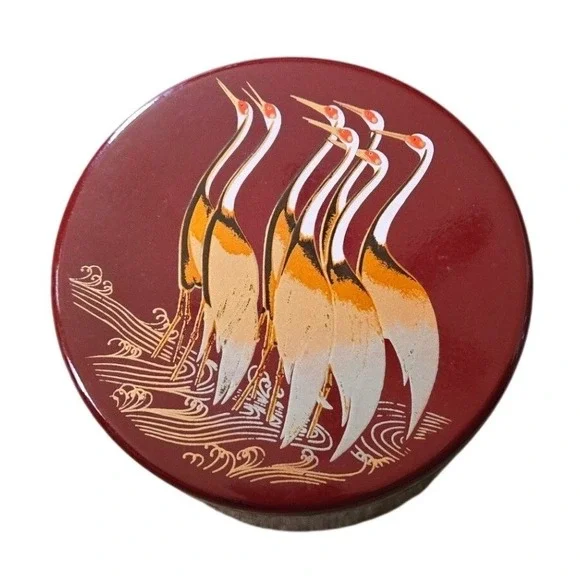 Vintage Japanese Lacquer Ware Crane Coaster Set 6 Made in Japan