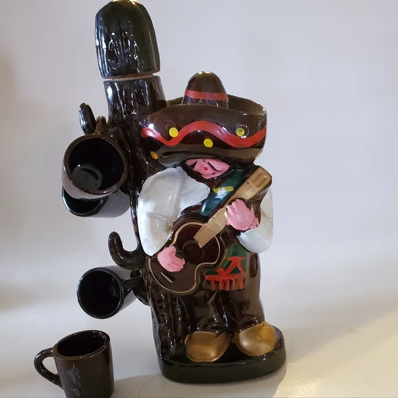 Vintage MCM Mariachi Man Tequila Decanter with Cactus 4 Cups Fun Barware
