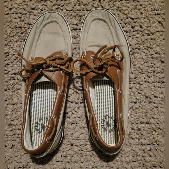 MENS RALPH LAUREN POLO RYLANDER BOAT CANVAS LEATHER UPPER SHOES KHAKI SZ 9.5D