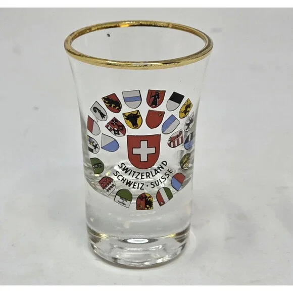 Vintage Switzerland Schweiz Suisse Shot Glass Gold Rim 26 Canton Crests Shields
