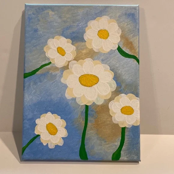 Daisy Wall Art Flower Acrylic Painting 12 x 9 Home Decor Canvas OOAK
