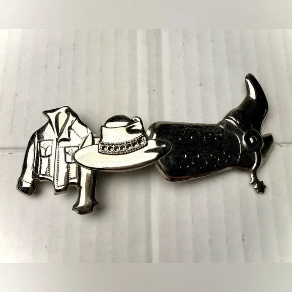 Vintage Western Hair Barrette Cowboy Hat Boots Jacket Silver‎ Tone Southwestern
