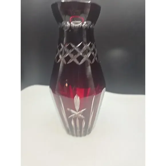Ruby Red Cased Cut‎ Glass Flower Vase 7.25