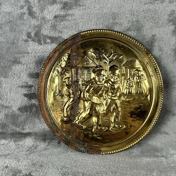 Vintage Elpec Brass Wall Plaque Art Dutch Winter Scene Made In England Patina