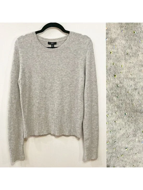 New J.Crew Wool Blend Rhinestone Sweater Grey Medium $128