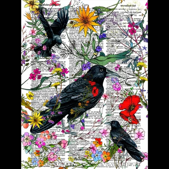 Ravens and Wildflowers Vintage Dictionary Art Pri…