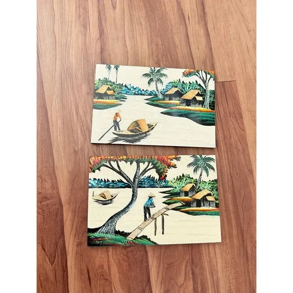 Vintage Vietnamese Lacquer Wood Wall Art Set 2 River Landscape Village‎ Scenes