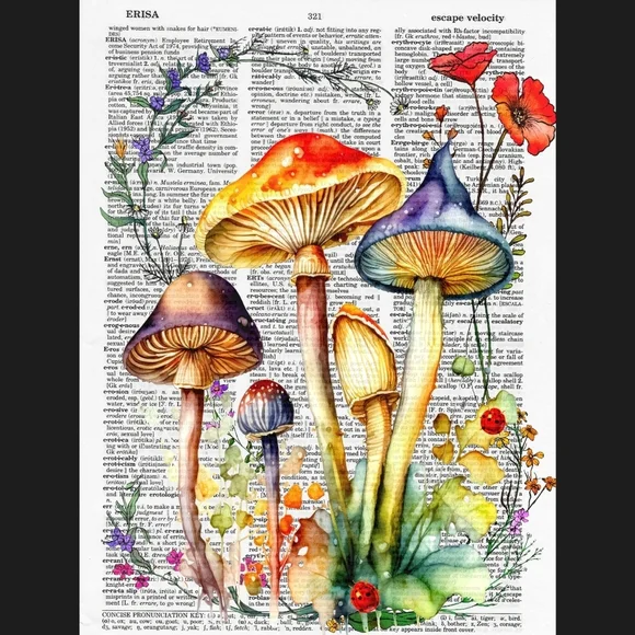 Mushroom Wildflower Poppy Science Botanical Fairy Vintage Dictionary Art…
