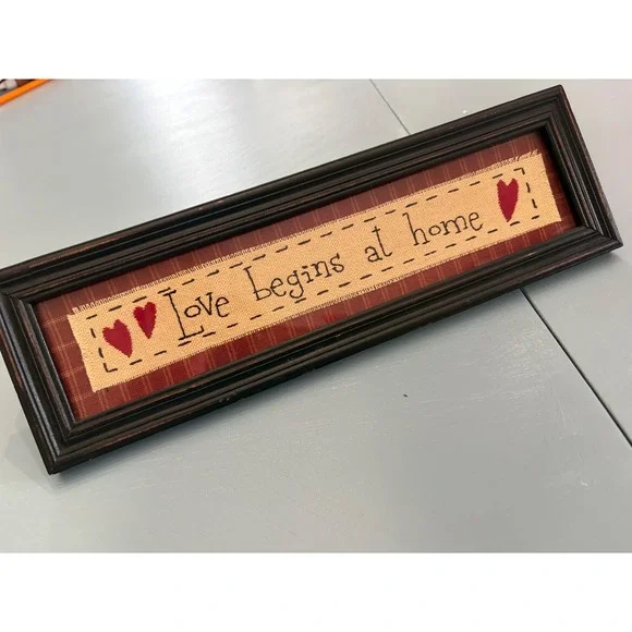 Vintage‎ primitive Red Excellent Love Begins At Home Sign cross stitch handmade
