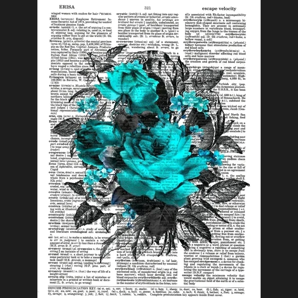 Teal Roses Vintage Dictionary Art Print