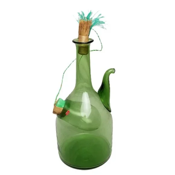 Italian Green Glass Wine Decanter Ice Chamber Cork Stopper 13in Barware