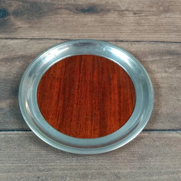 Vintage R Rodgers Silver Co Drink Coaster Wood Inlay Metal Rim Round