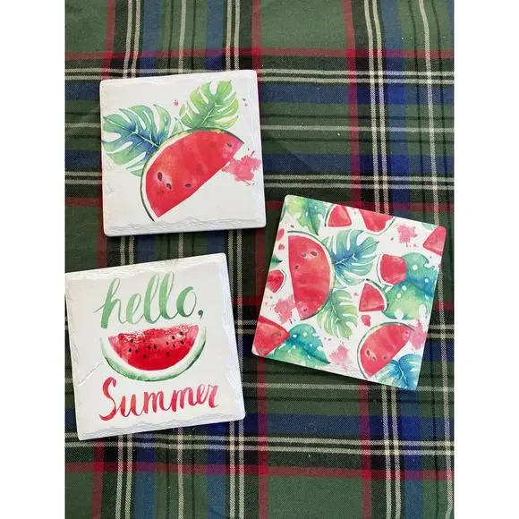 Painted Slate Summer Cork Backed Coasters Set‎ of 3 Watermelon Motif