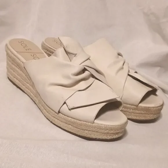 Sole Society Carmina beige leather espadrille wedge open toe sandal size 10
