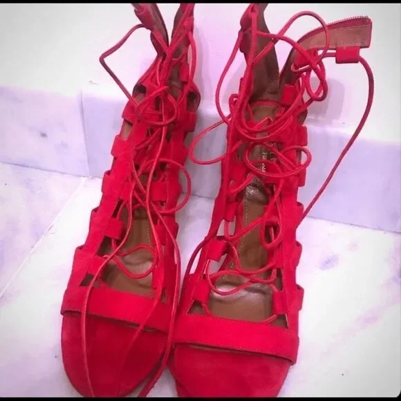 AQUAZZURA SANDALS AMAZON 105 Red SUEDE LACE-UP BOOTIES 40.5 US 10