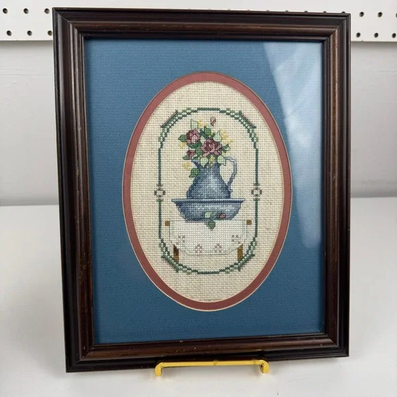 Vtg 1990 Handmade Cross Stitch Blue Pitcher Basin Framed Wall Art Cottage
