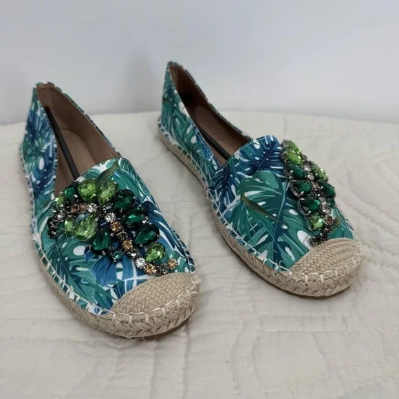 Lauren Lorraine Espi Green Multi Tropical Palm Leaf Crystal Espadrille Flats 8.5