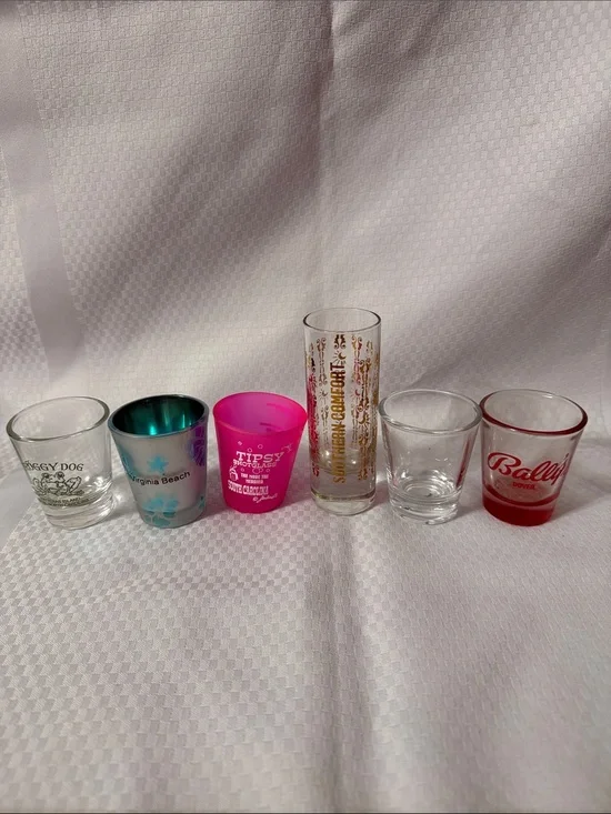 Assorted Branded Shot Glasses Collection – Lot of 6 with one double shot glass