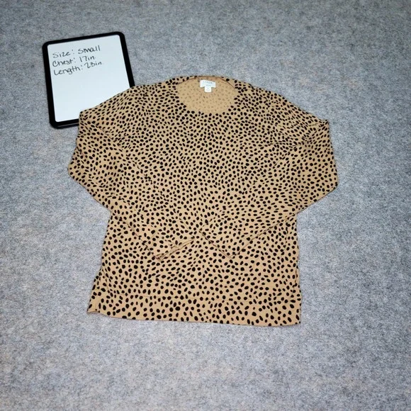 J.Crew‎ Teddie Sweater Small Tan Black Animal Print Long Sleeve Cotton Top