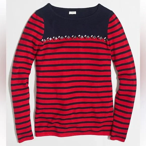 J. Crew Breton-Striped Women's Navy Red Gem Rhinestone sweater wool top Med EUC