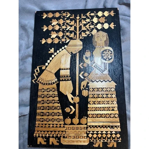 USSR 1979 Straw Marquetry Folk Art Wall Plaque Black Lacquer Harvest Decor Panel