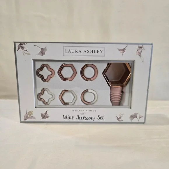 Laura Ashley Elegant‎ 7 Piece Wine Accessory Set Bottle Topper Geo Golden Accent
