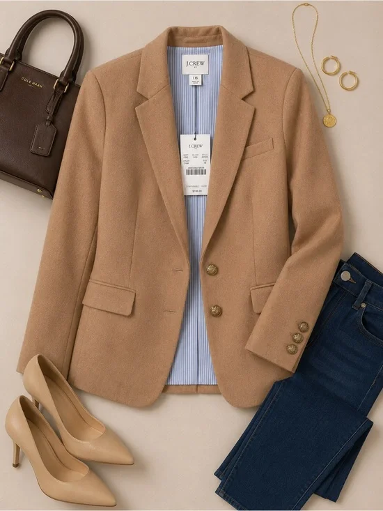 J.Crew Camel Wool Blend Blazer NWT Size 16 Gold Button Career Jacket