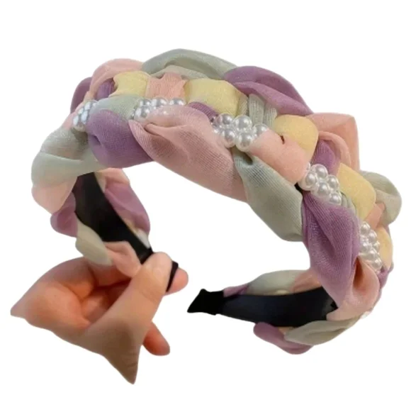 Faux pearl wide braided color block headband hair accessories